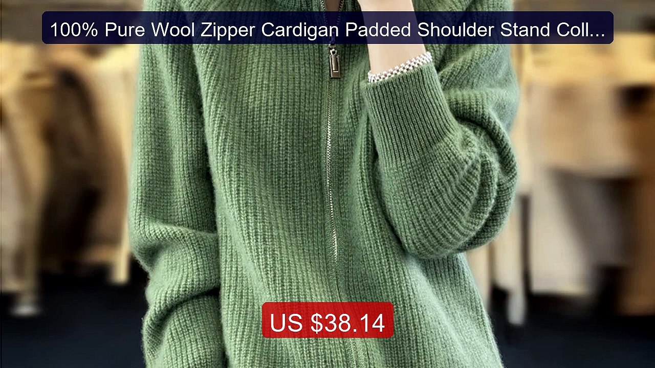 100% Pure Wool Zipper Cardigan Padded Shoulder Stand Collar Wo... -- Hot Deal 2026 | Limited Offer!