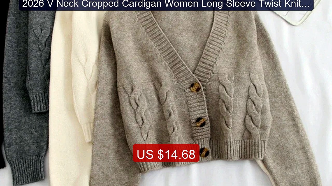 2026 V Neck Cropped Cardigan Women Long Sleeve Twist Knitted S... -- Hot Deal 2026 | Limited Offer!