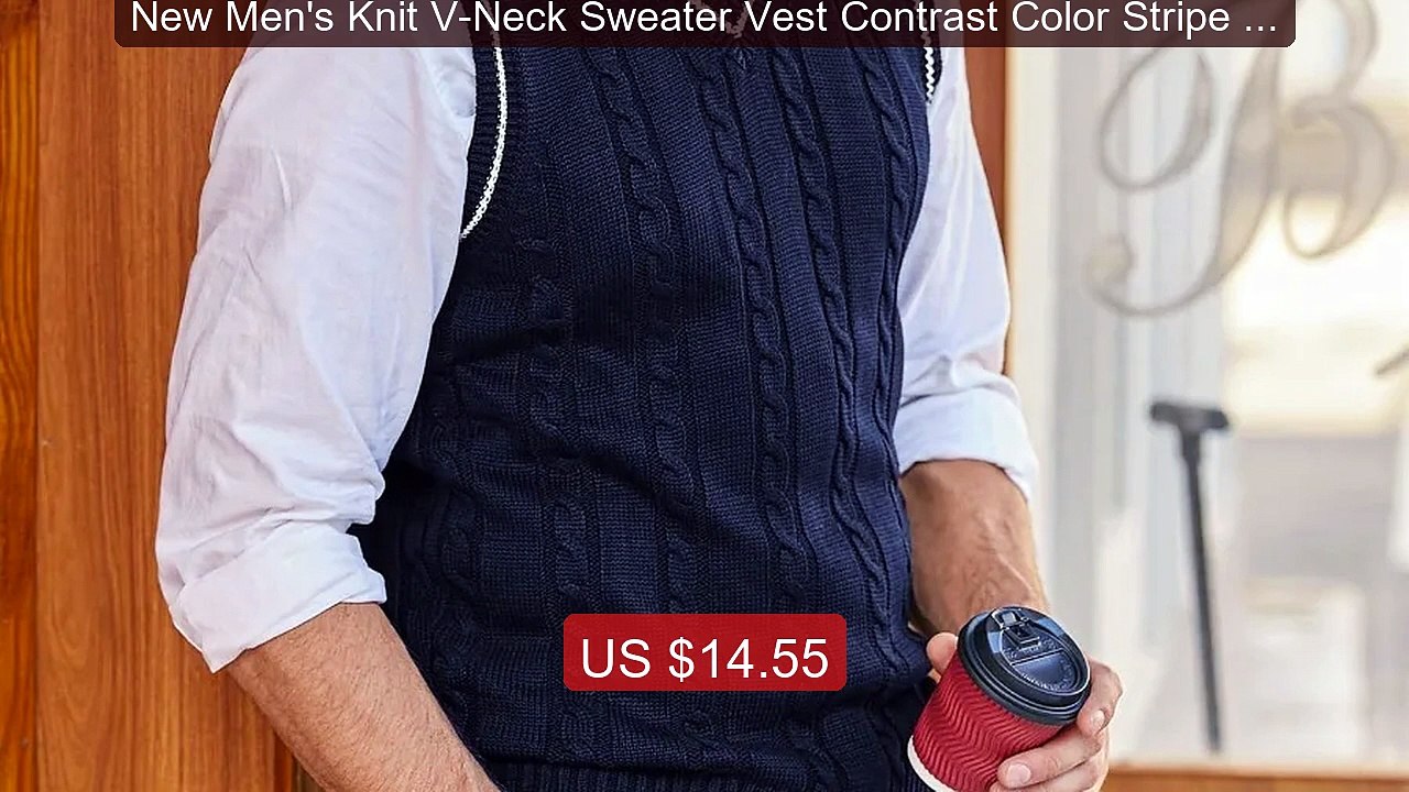 New Men's Knit V-Neck Sweater Vest Contrast Color Stripe Design Sle... -- Top Rated 2026 | Buy Now!