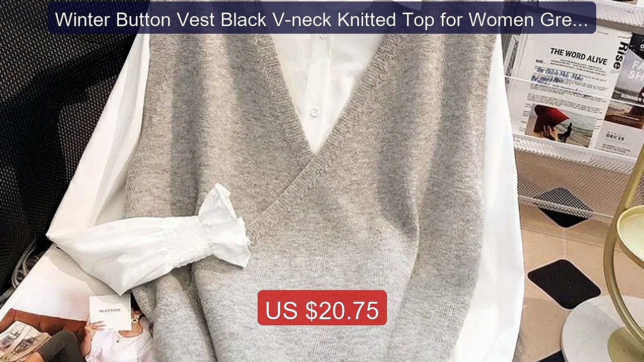 Winter Button Vest Black V-neck Knitted Top for Women Grey Ladies S... -- Top Rated 2026 | Buy Now!