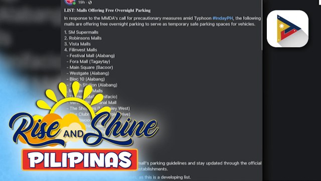 Ilang mall, tumugon sa hiling ng MMDA na magkaroon ng free overnight parking bilang paghahanda sa Bagyong #IndayPH