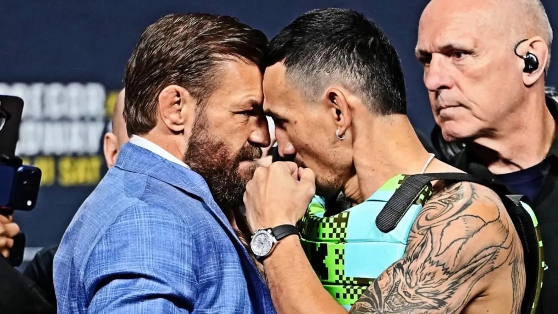 Así fue el tenso primer cara a cara de McGregor y Holloway antes del UFC 329