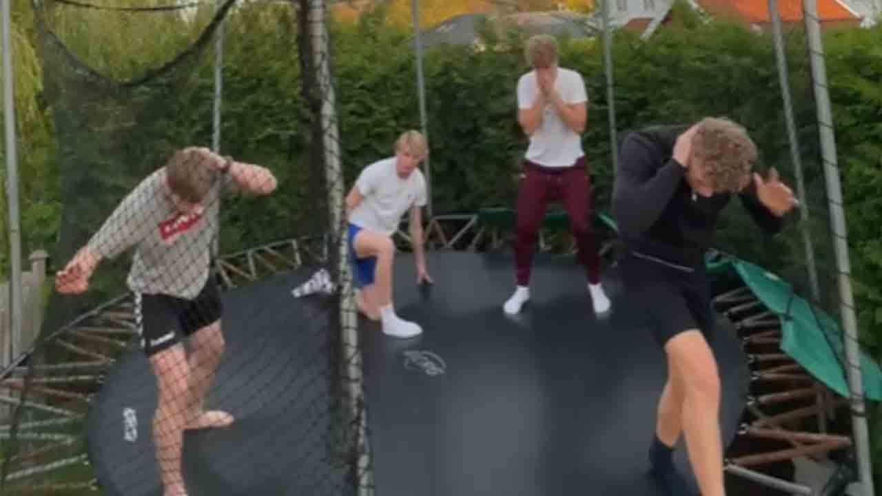 It's CRAZY! A boy tries to fly high on tall trampoline and falls through its gap!