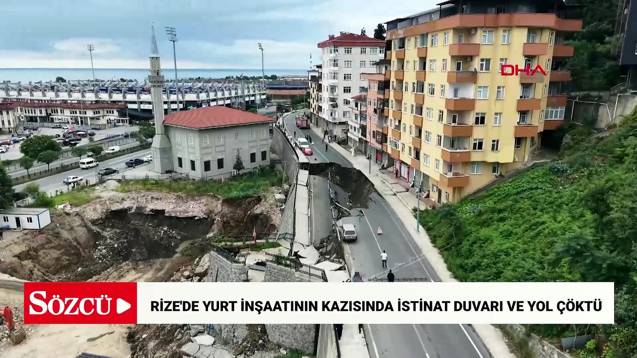 Rize'de yurt inşaatının kazısında istinat duvarı ve yol çöktü: 3 bina tahliye edildi