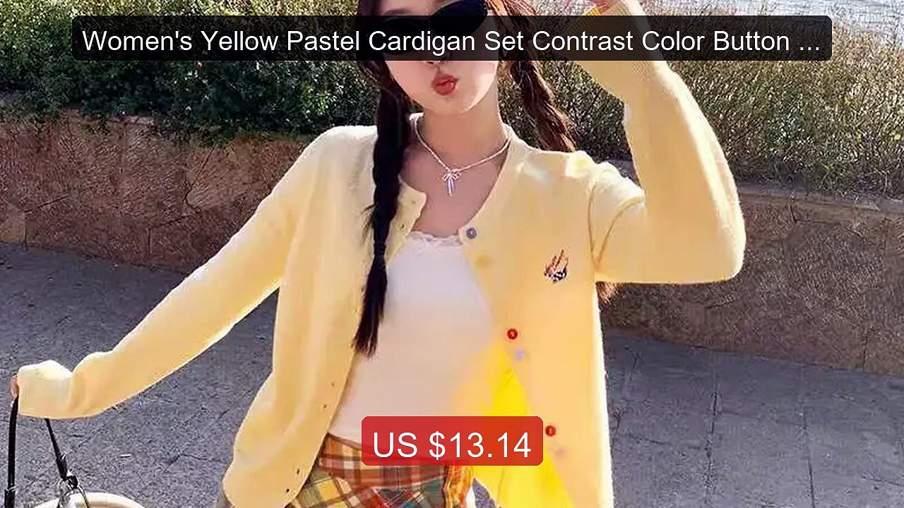 Women's Yellow Pastel Cardigan Set Contrast Color Button Knit... -- Amazing Value 2026 | Must Have!