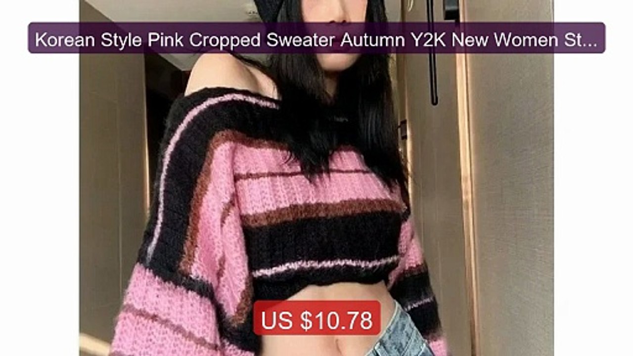 Korean Style Pink Cropped Sweater Autumn Y2K New Women Stripe... -- Amazing Value 2026 | Must Have!