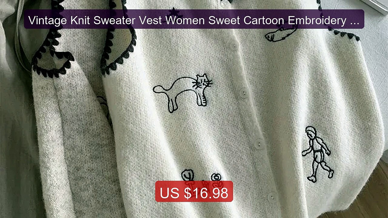 Vintage Knit Sweater Vest Women Sweet Cartoon Embroidery Sleev... -- Hot Deal 2026 | Limited Offer!