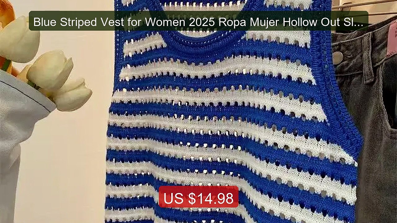 Blue Striped Vest for Women 2025 Ropa Mujer Hollow Out Sleeveless ... -- Best Deal 2026 | Shop Now!