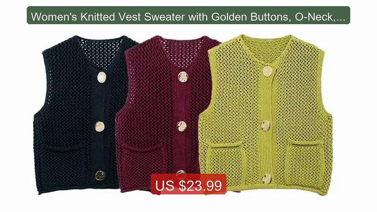 Women's Knitted Vest Sweater with Golden Buttons, O-Neck, Sle... -- Amazing Value 2026 | Must Have!