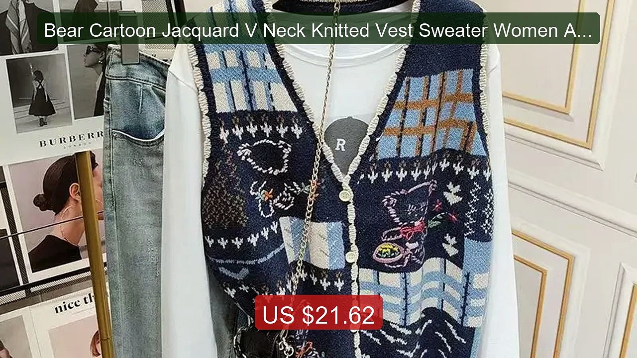 Bear Cartoon Jacquard V Neck Knitted Vest Sweater Women Autum... -- Amazing Value 2026 | Must Have!
