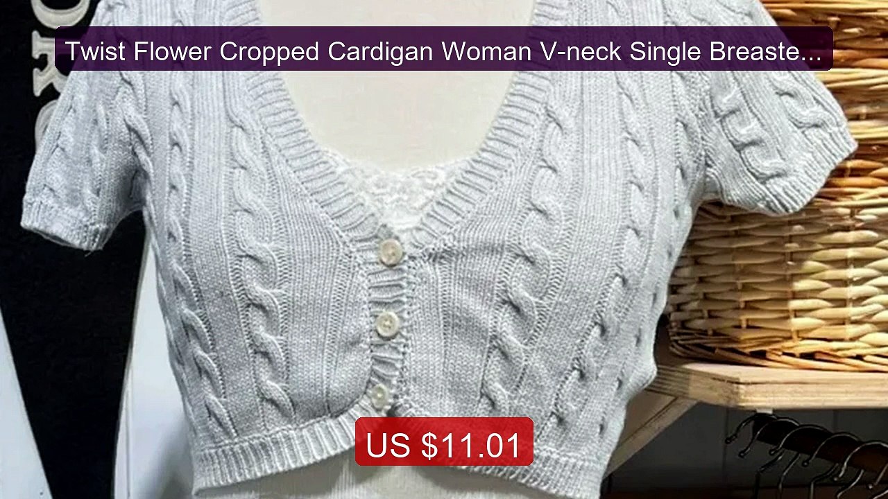 Twist Flower Cropped Cardigan Woman V-neck Single Breasted Sho