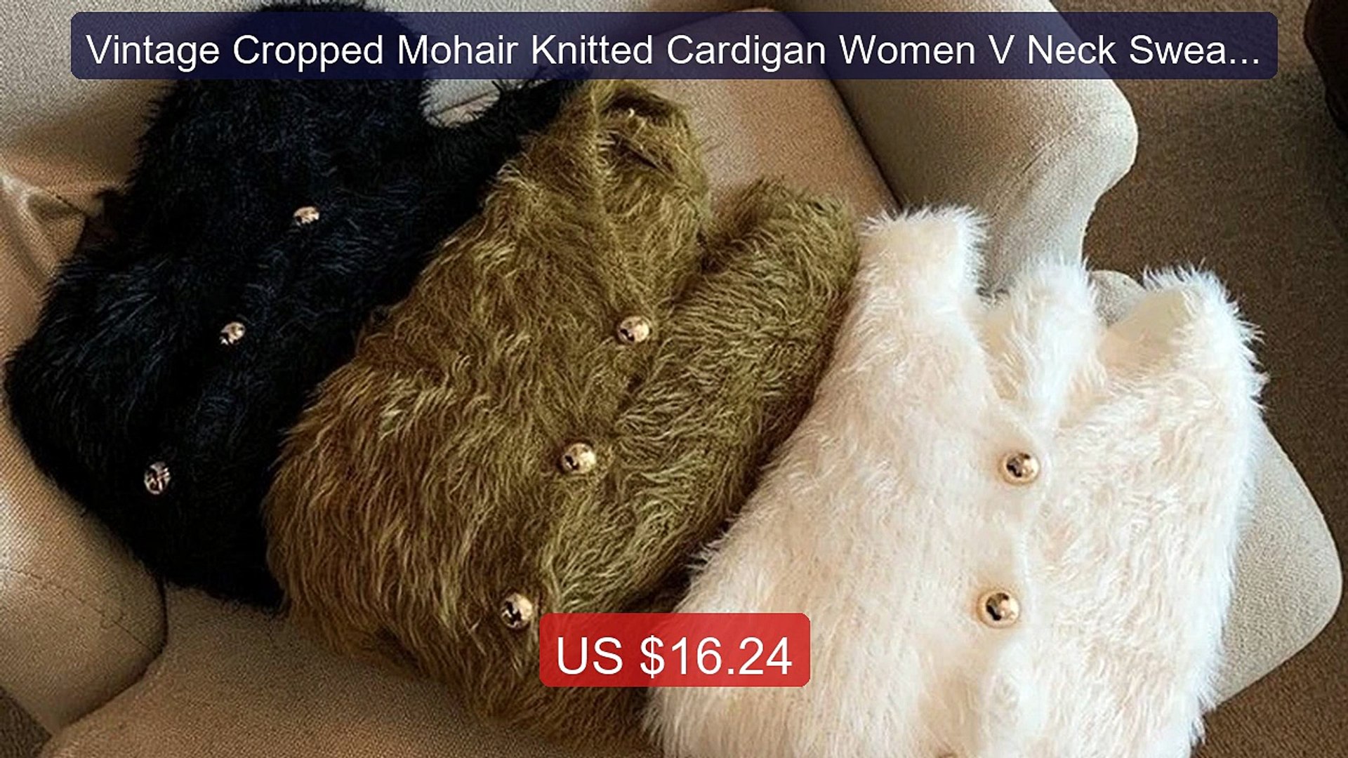 Vintage Cropped Mohair Knitted Cardigan Women V Neck Sweater C