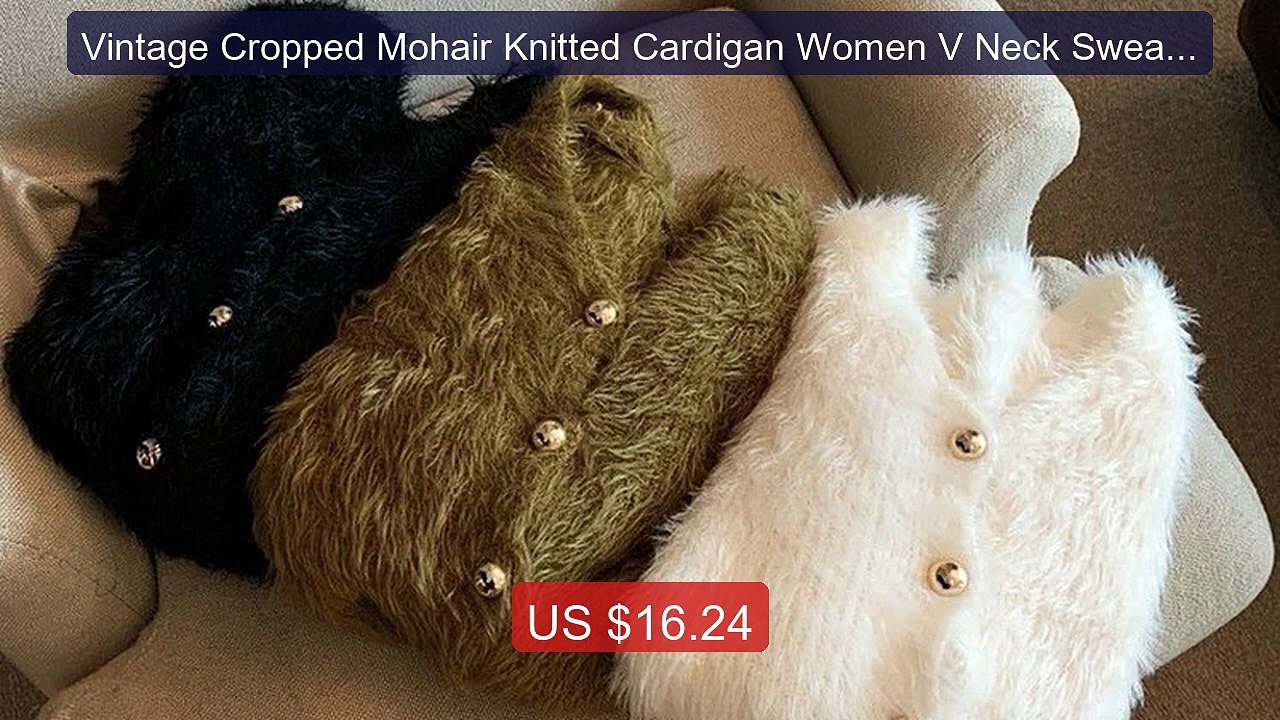 Vintage Cropped Mohair Knitted Cardigan Women V Neck Sweater C