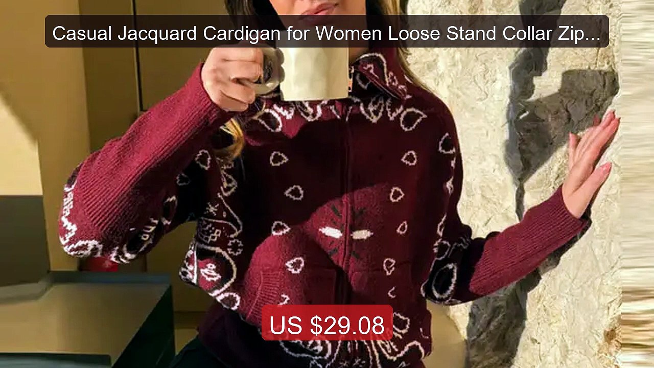 Casual Jacquard Cardigan for Women Loose Stand Collar Zipper Pocke... -- Best Deal 2026 | Shop Now!