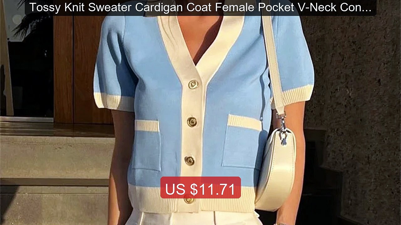 Tossy Knit Sweater Cardigan Coat Female Pocket V-Neck Contrast Shor... -- Top Rated 2026 | Buy Now!