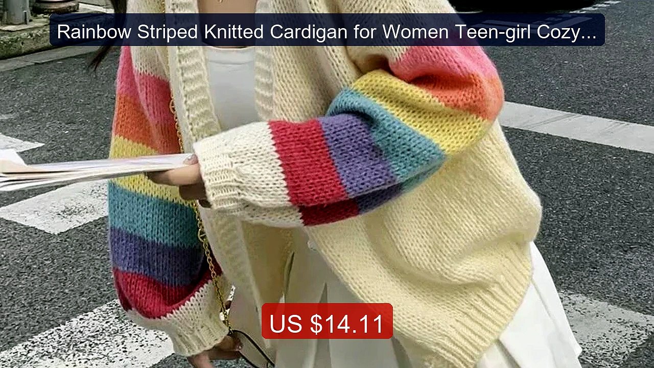 Rainbow Striped Knitted Cardigan for Women Teen-girl Cozy Soft Moha... -- Top Rated 2026 | Buy Now!