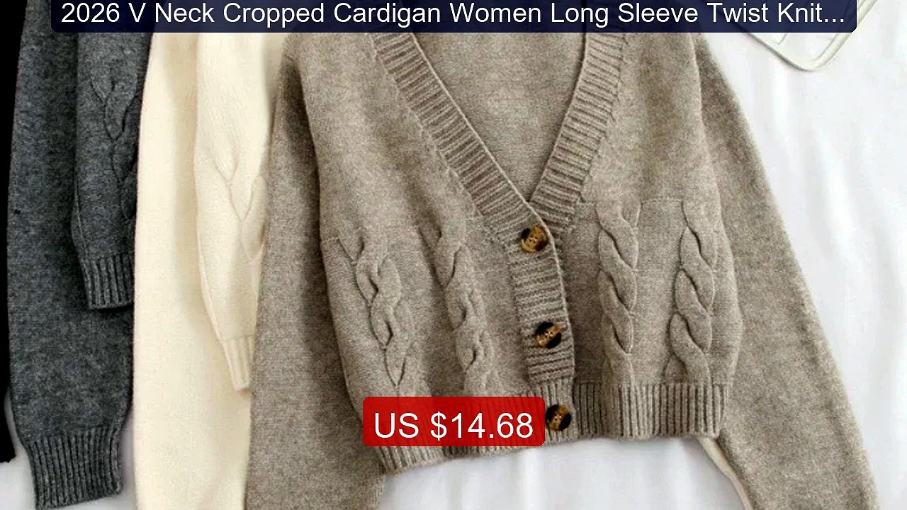 2026 V Neck Cropped Cardigan Women Long Sleeve Twist Knitted S... -- Best Buy 2026 | Great Quality!