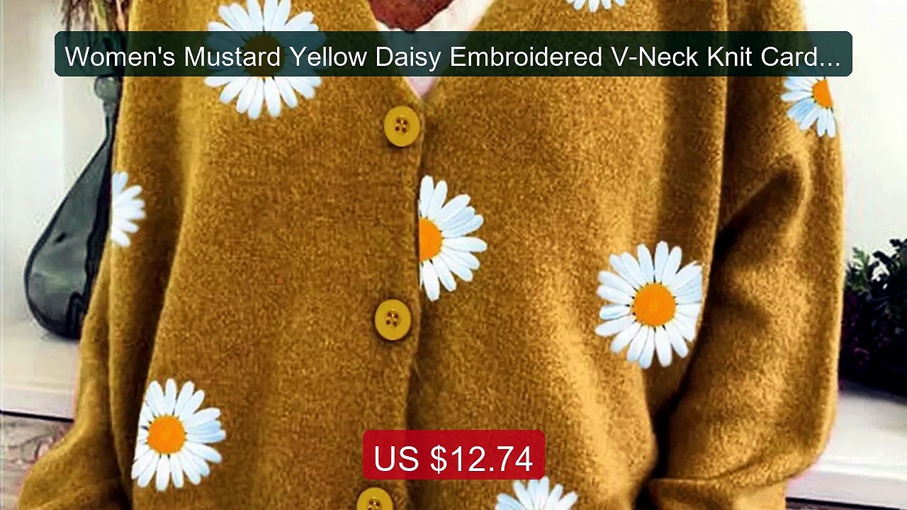 Women's Mustard Yellow Daisy Embroidered V-Neck Knit Cardigan ... -- Hot Deal 2026 | Limited Offer!