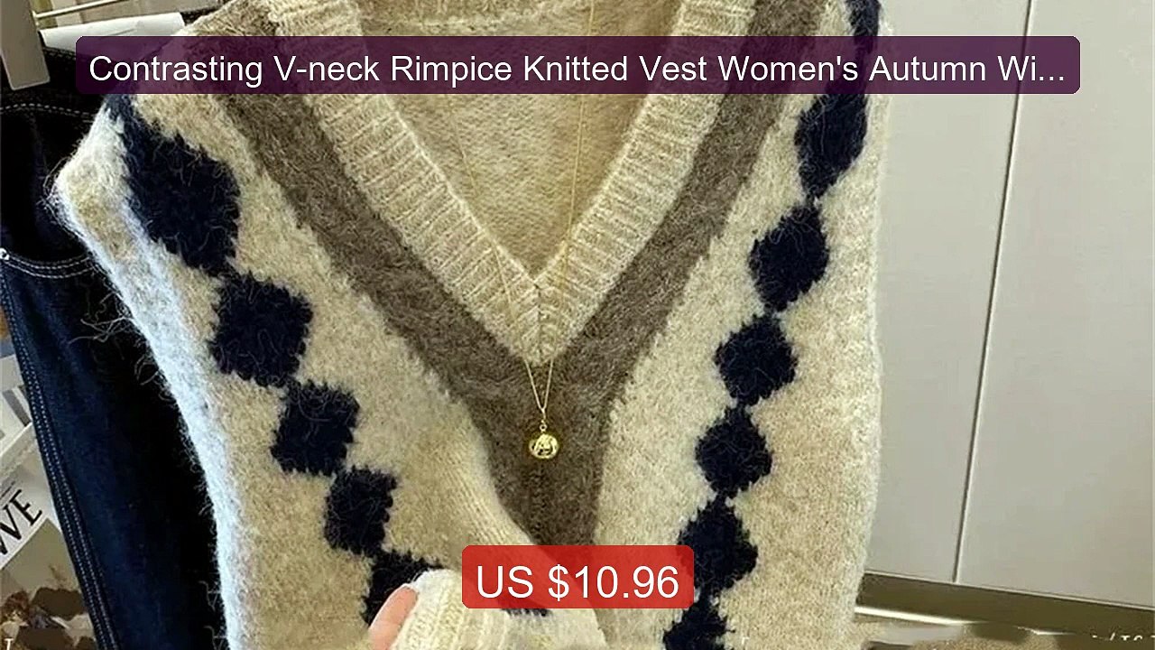 Contrasting V-neck Rimpice Knitted Vest Women's Autumn Winter 2023 ... -- Top Rated 2026 | Buy Now!