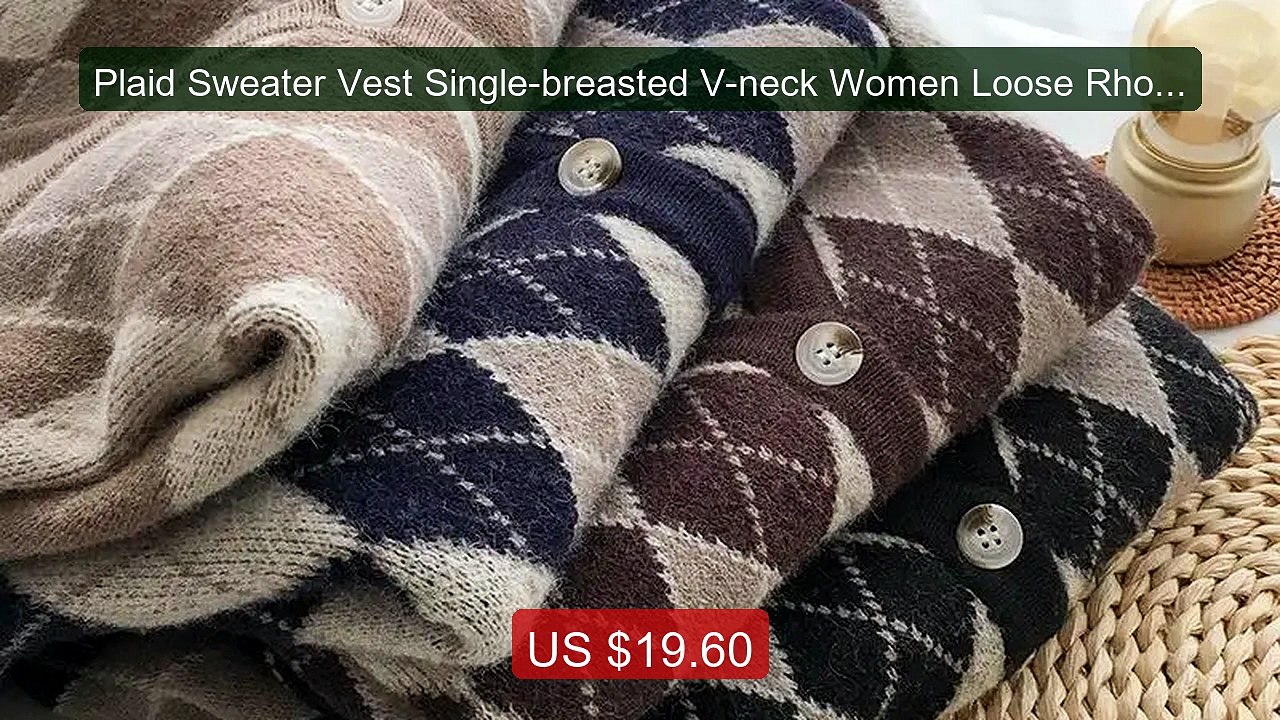 Plaid Sweater Vest Single-breasted V-neck Women Loose Rhombus ... -- Best Buy 2026 | Great Quality!