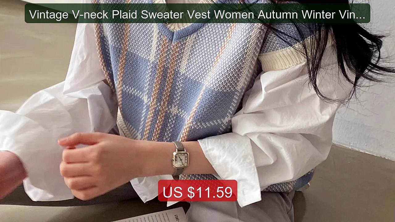 Vintage V-neck Plaid Sweater Vest Women Autumn Winter Vintage Knit ... -- Top Rated 2026 | Buy Now!