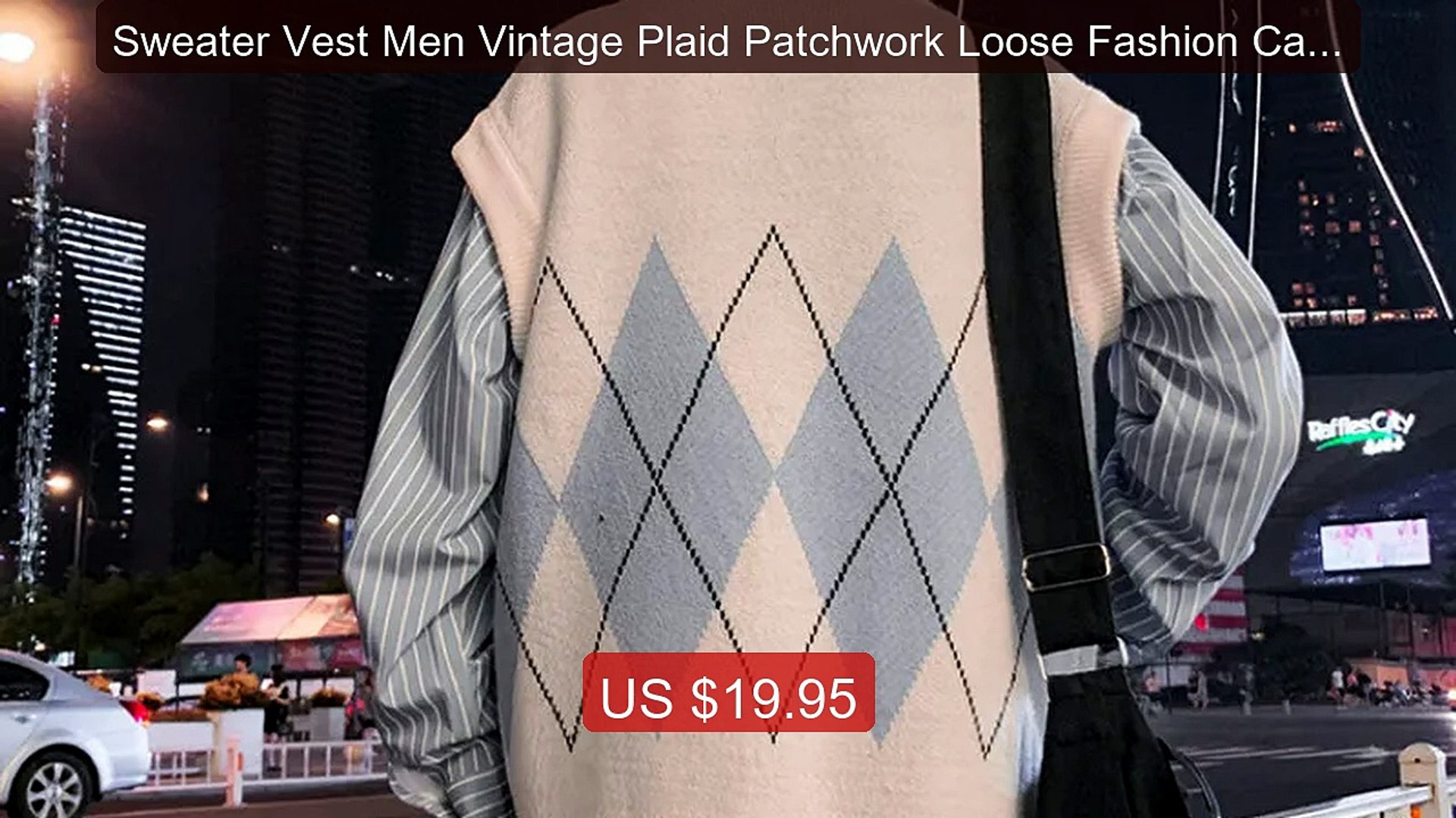 Sweater Vest Men Vintage Plaid Patchwork Loose Fashion Casual Elas