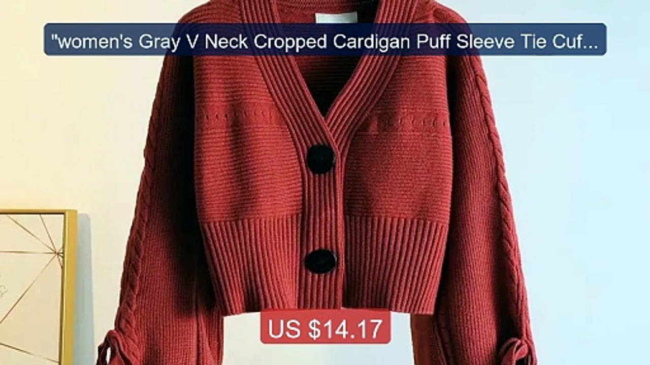 "women's Gray V Neck Cropped Cardigan Puff Sleeve Tie Cuff Button D... -- Top Rated 2026 | Buy Now!
