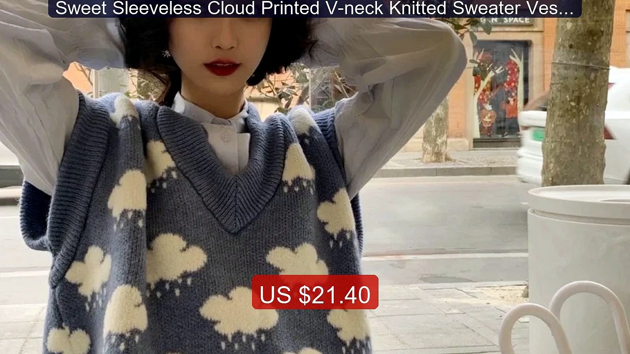 Sweet Sleeveless Cloud Printed V-neck Knitted Sweater Vest Autumn P... -- Top Rated 2026 | Buy Now!