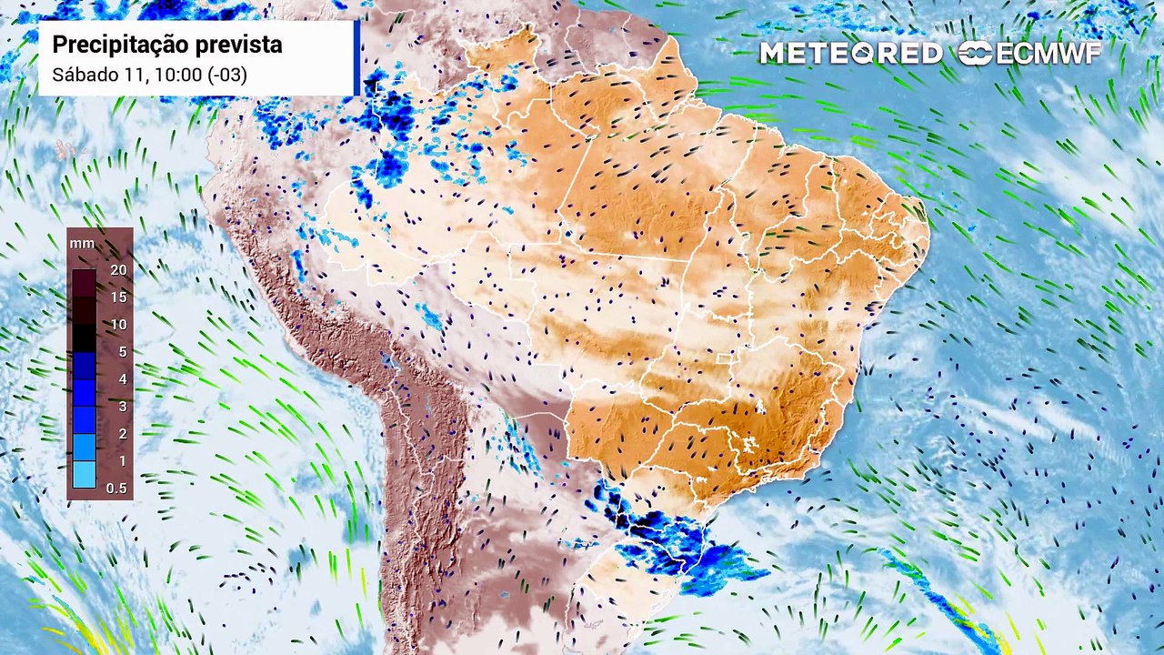 Sábado, 11 de julho: Previsão de precipitação e nebulosidade.