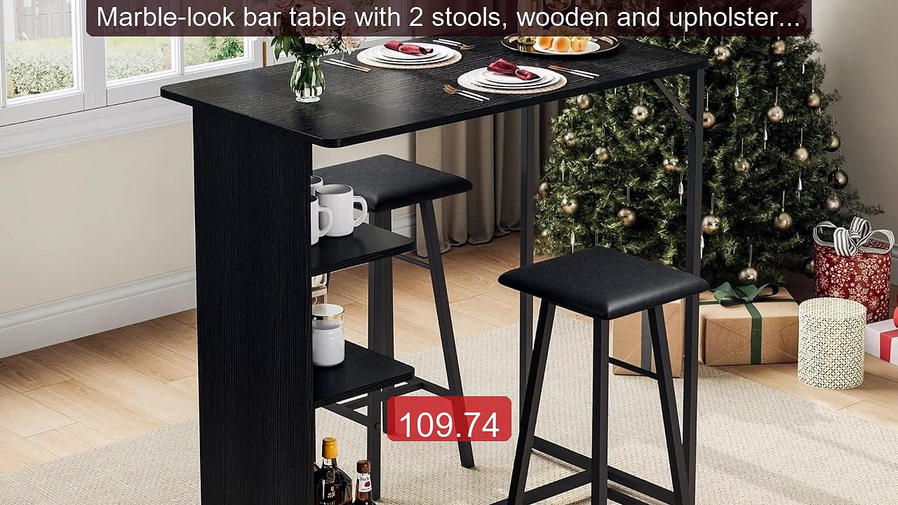 Marble-look bar table with 2 stools, wooden and upholstered high t... -- Best Deal 2026 | Shop Now!