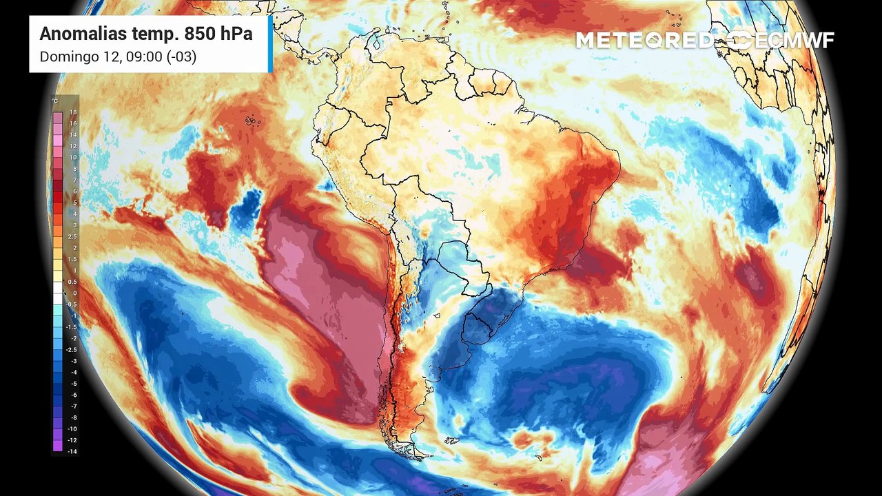 Domingo, 12 de julho: anomalia de temperatura em 850 hPa (massas de ar)