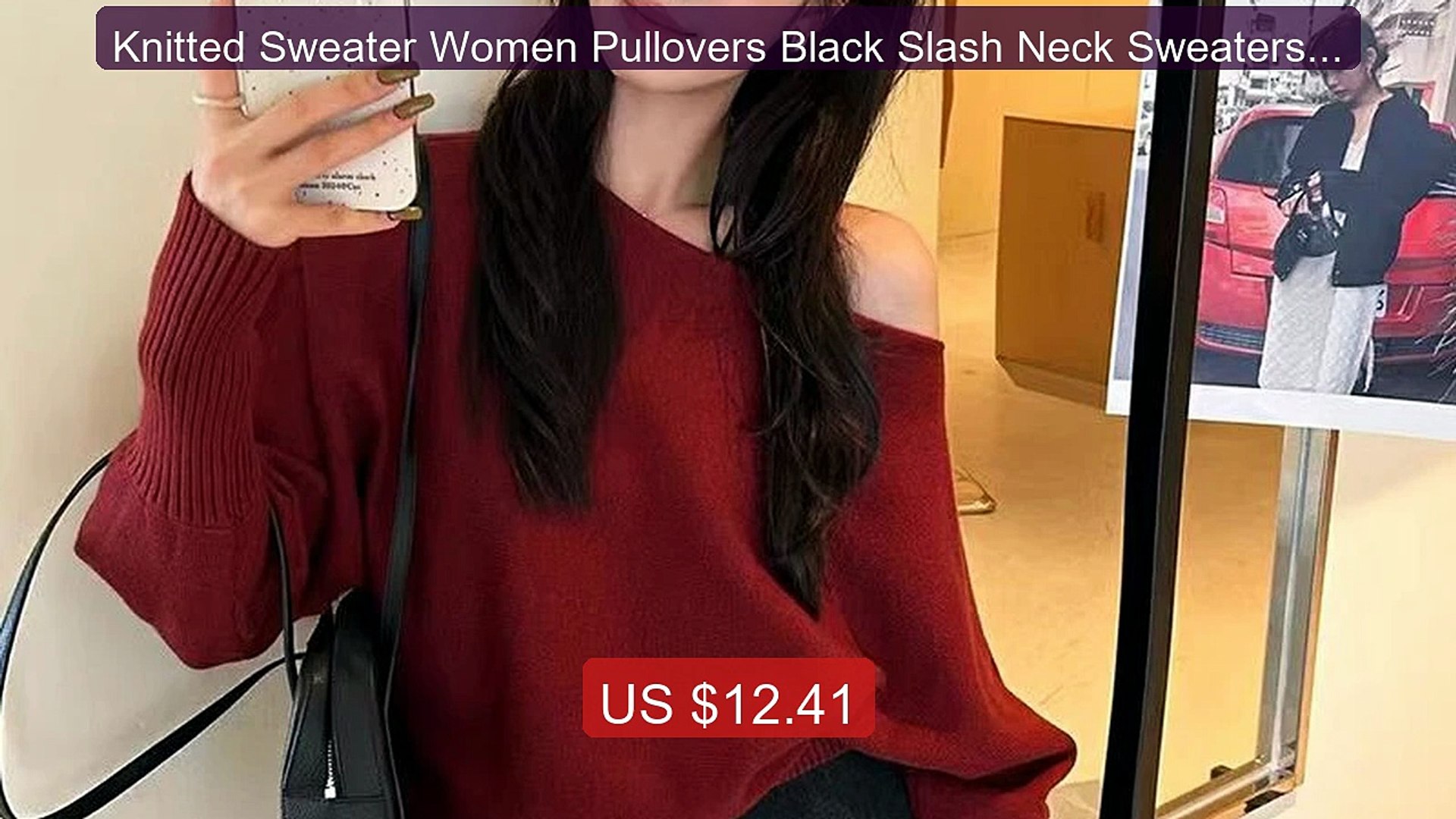 Knitted Sweater Women Pullovers Black Slash Neck Sweaters Knit