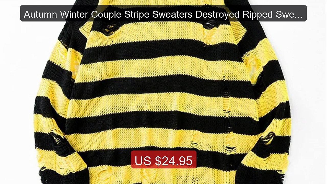 Autumn Winter Couple Stripe Sweaters Destroyed Ripped Sweater Men ... -- Best Deal 2026 | Shop Now!