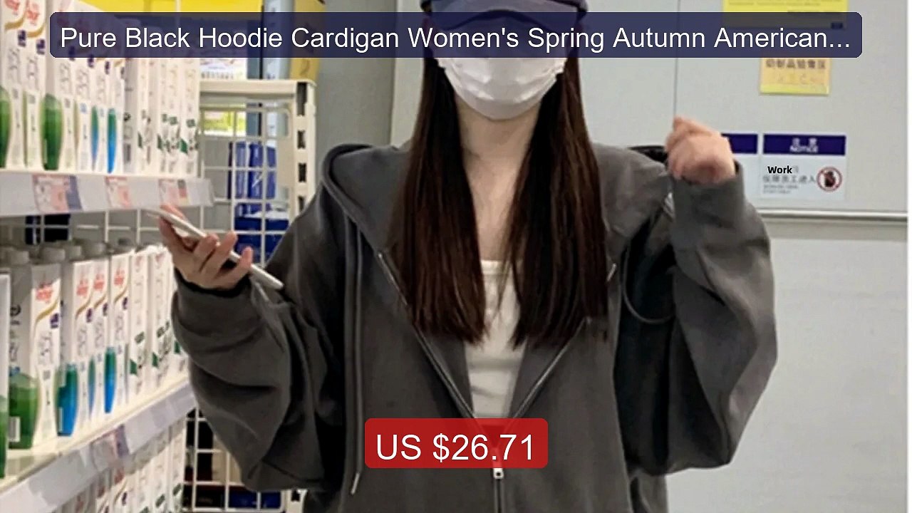 Pure Black Hoodie Cardigan Women's Spring Autumn American Stre... -- Best Buy 2026 | Great Quality!