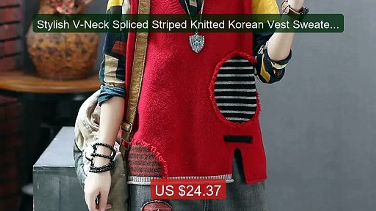 Stylish V-Neck Spliced Striped Knitted Korean Vest Sweater Women's ... -- Top Rated 2026 | Buy Now!