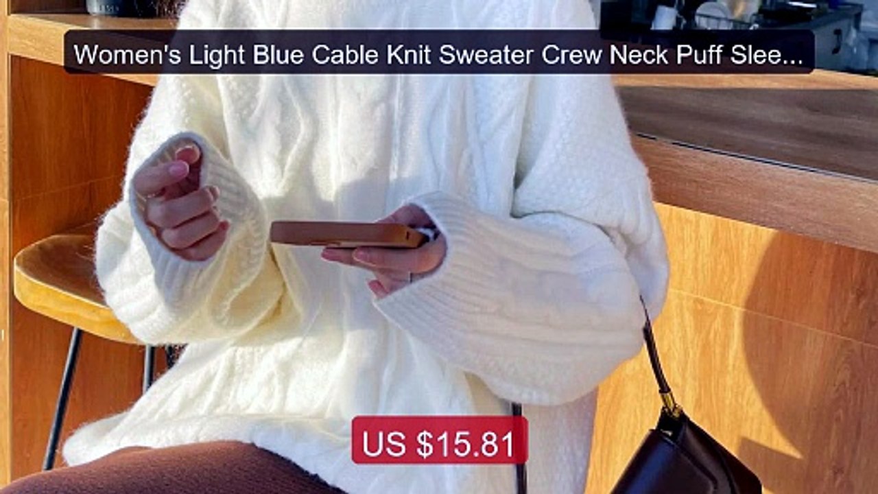 Women's Light Blue Cable Knit Sweater Crew Neck Puff Sleeve... -- Top Pick 2026 | Unbeatable Price!
