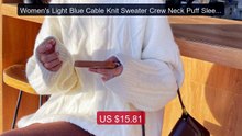 Women's Light Blue Cable Knit Sweater Crew Neck Puff Sleeve Oversi... -- Best Deal 2026 | Shop Now!