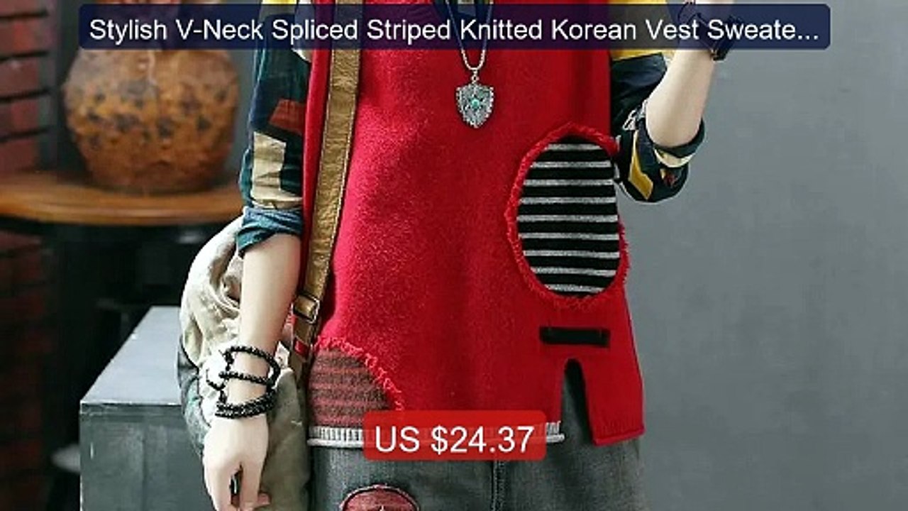 Stylish V-Neck Spliced Striped Knitted Korean Vest Sweater Women's ... -- Top Rated 2026 | Buy Now!