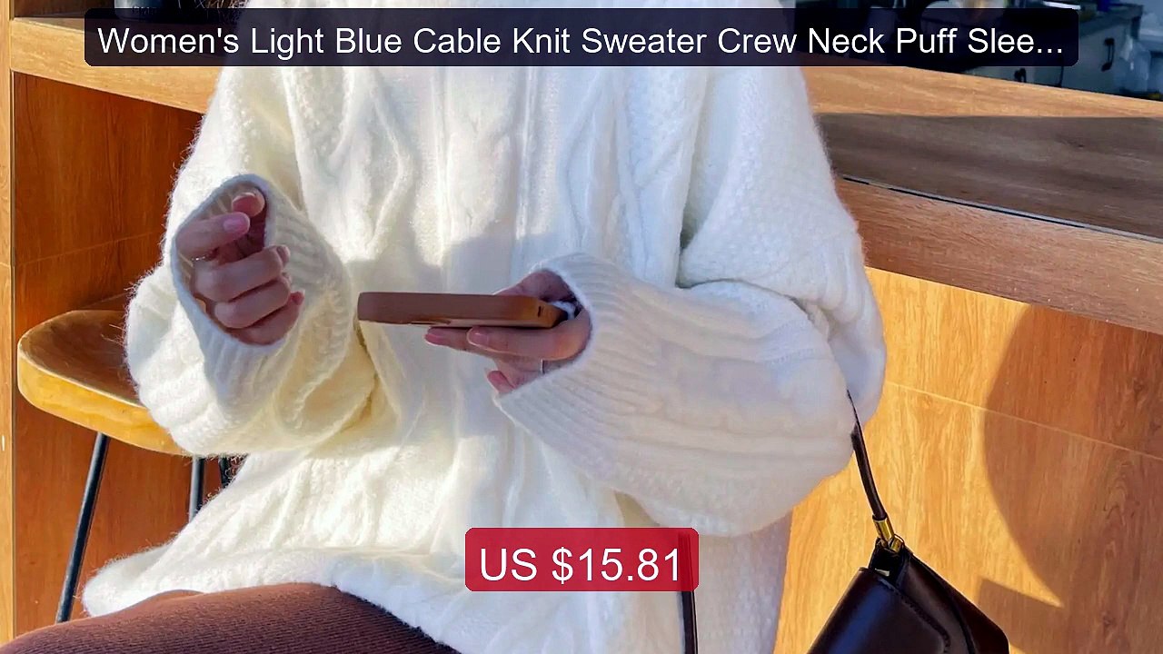 Women's Light Blue Cable Knit Sweater Crew Neck Puff Sleeve Oversi... -- Best Deal 2026 | Shop Now!