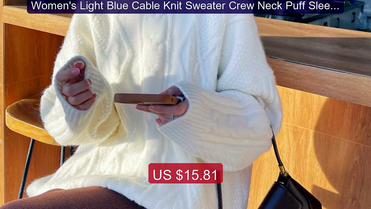Women's Light Blue Cable Knit Sweater Crew Neck Puff Sleeve Ov... -- Best Buy 2026 | Great Quality!