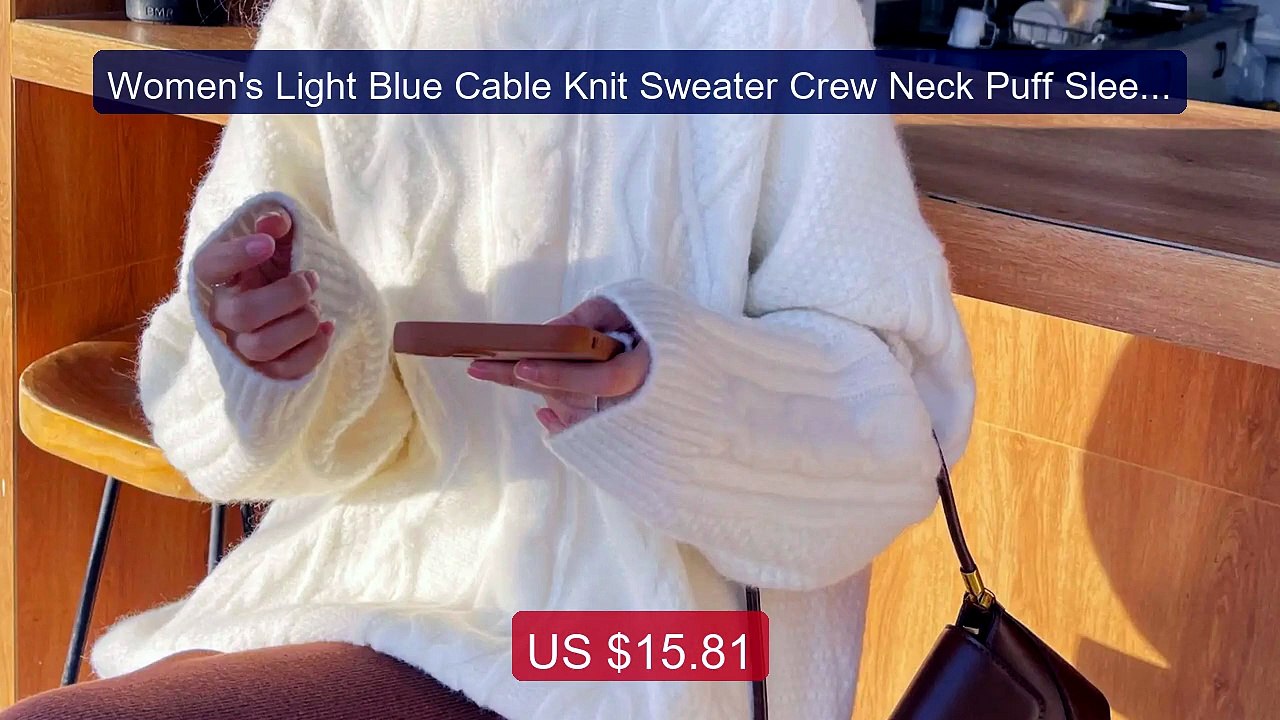 Women's Light Blue Cable Knit Sweater Crew Neck Puff Sleeve Oversi... -- Best Deal 2026 | Shop Now!
