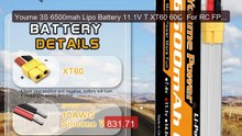 Youme 3S 6500mah Lipo Battery 11.1V T XT60 60C  For RC FPV Airplane... -- Top Rated 2026 | Buy Now!