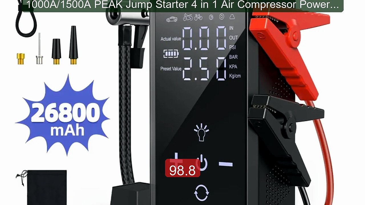 1000A/1500A PEAK Jump Starter 4 in 1 Air Compressor Power Ban... -- Amazing Value 2026 | Must Have!