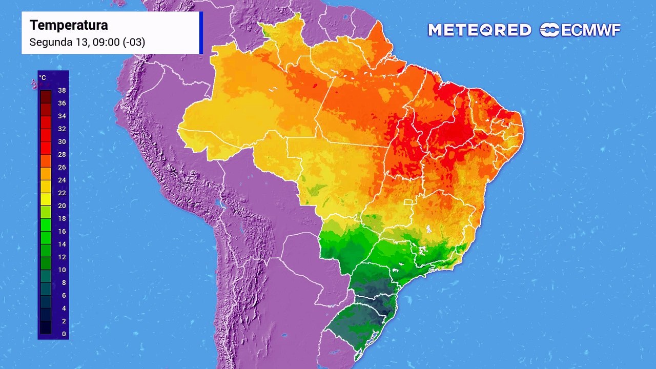 Segunda-feira, 13 de julho: Previsão da temperatura do ar em superfície