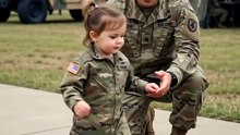 Toddler hugs soldier father