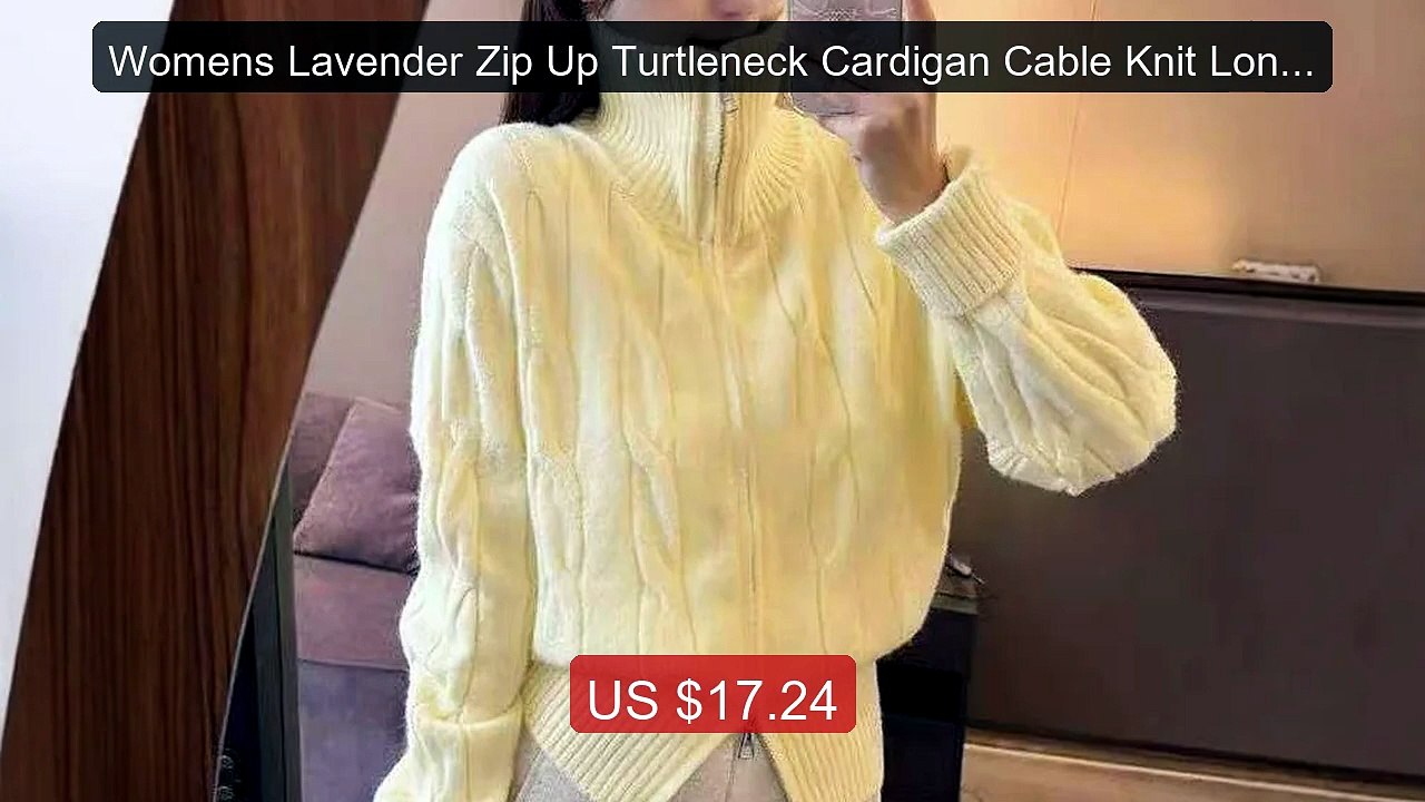 Womens Lavender Zip Up Turtleneck Cardigan Cable Knit Long ... -- Top Pick 2026 | Unbeatable Price!