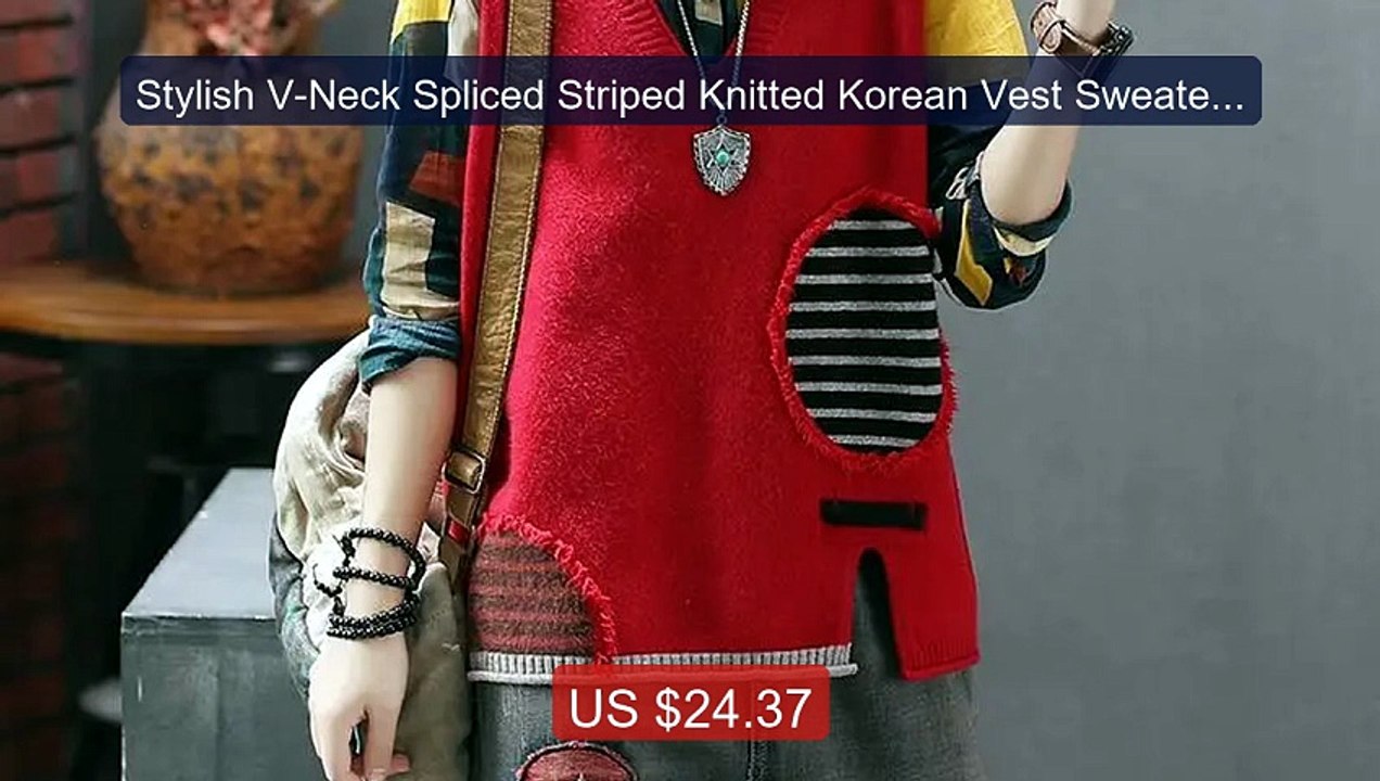 Stylish V-Neck Spliced Striped Knitted Korean Vest Sweater Wom... -- Best Buy 2026 | Great Quality!
