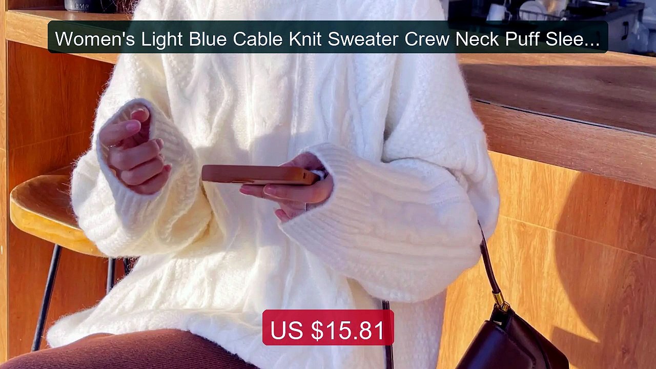 Women's Light Blue Cable Knit Sweater Crew Neck Puff Sleeve Oversiz... -- Top Rated 2026 | Buy Now!