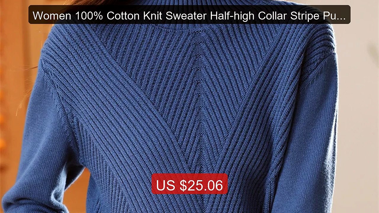 Women 100% Cotton Knit Sweater Half-high Collar Stripe Pullover Aut... -- Top Rated 2026 | Buy Now!