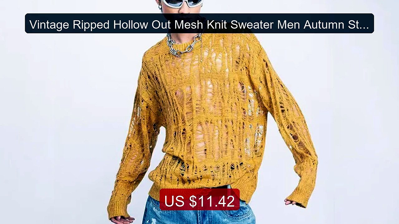 Vintage Ripped Hollow Out Mesh Knit Sweater Men Autumn Streetwear F... -- Top Rated 2026 | Buy Now!